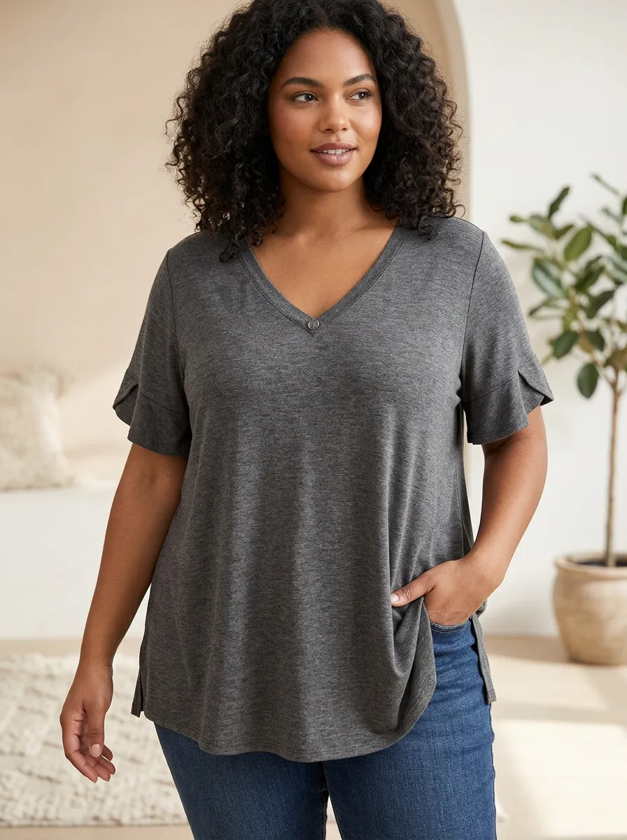 Women's Plus Size Grey Ruffle Sleeve V-Neck Loose T-Shirt