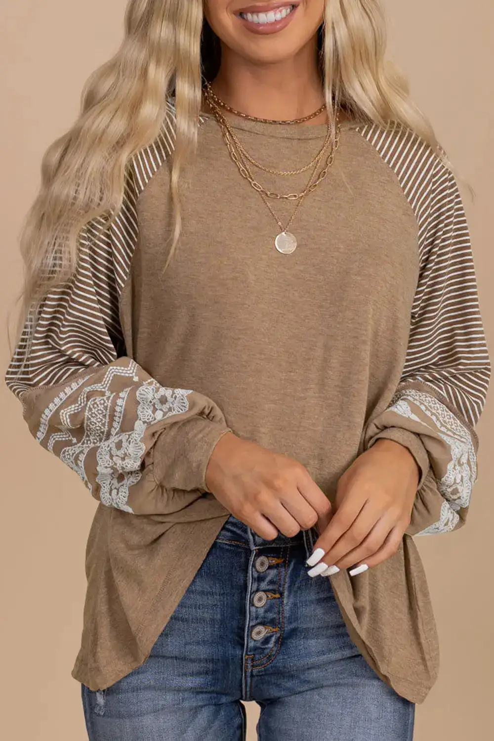 Textured Round Neck Striped Blouse
