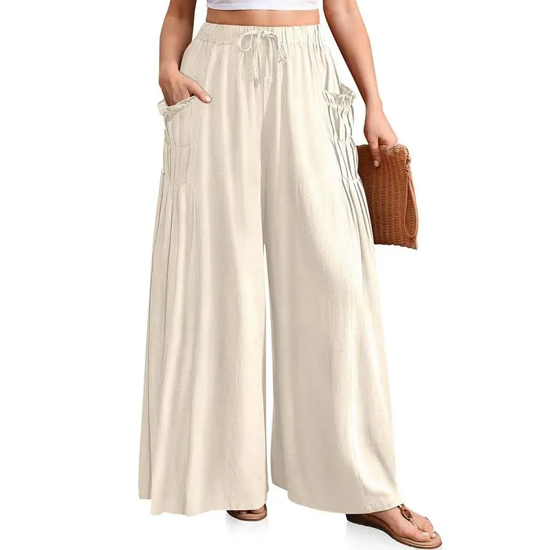 Women Linen Palazzo Pants Loose Fit Boho Wide Leg Summer Lounge Trousers Plus Size Drawstring Waist Casual Beach Travel Vacation Outfits woman wide leg pant