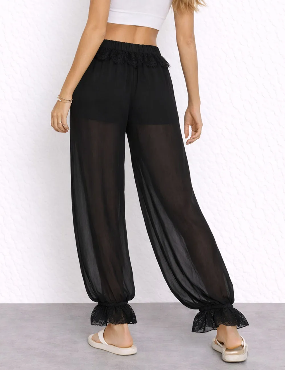 Lace Panel Elastic Waist Lantern Pants
