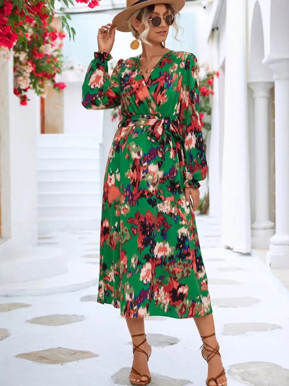Lightweight Feel Printed Long Sleeve Midi Dress