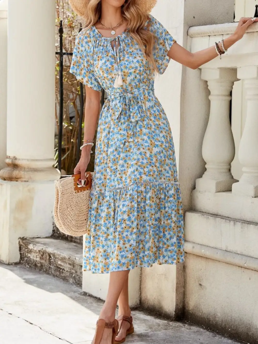 Structured Shape Floral Printed Ruffle Midi Dress