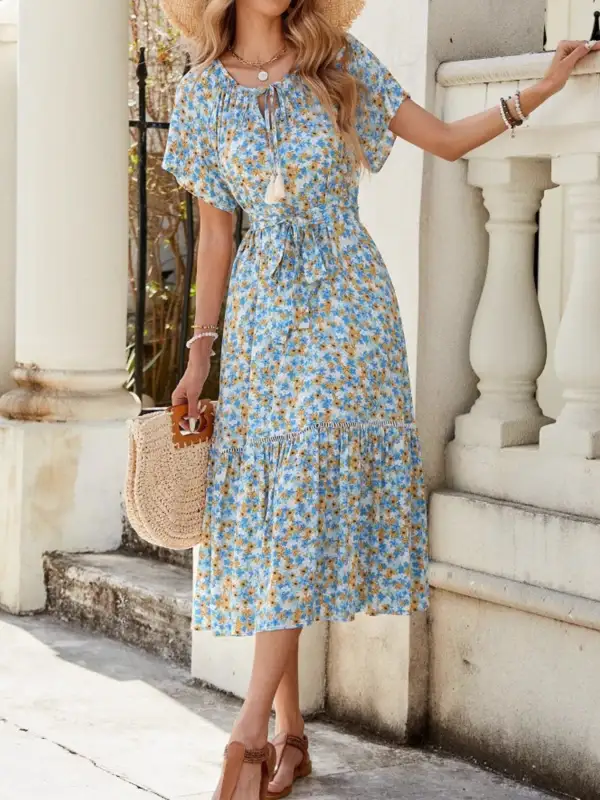 Structured Shape Floral Printed Ruffle Midi Dress