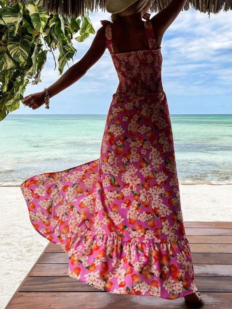 Resort Printed Sling Sleeveless Slit Maxi Dress