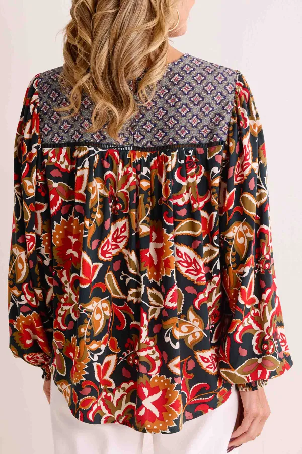Multicolored Abstract Floral Print Long Sleeve Blouse