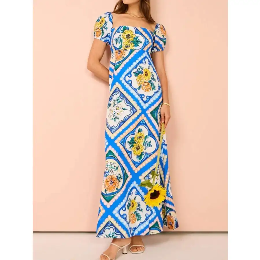 Printed Square Neck Puff Sleeve Maxi Dress