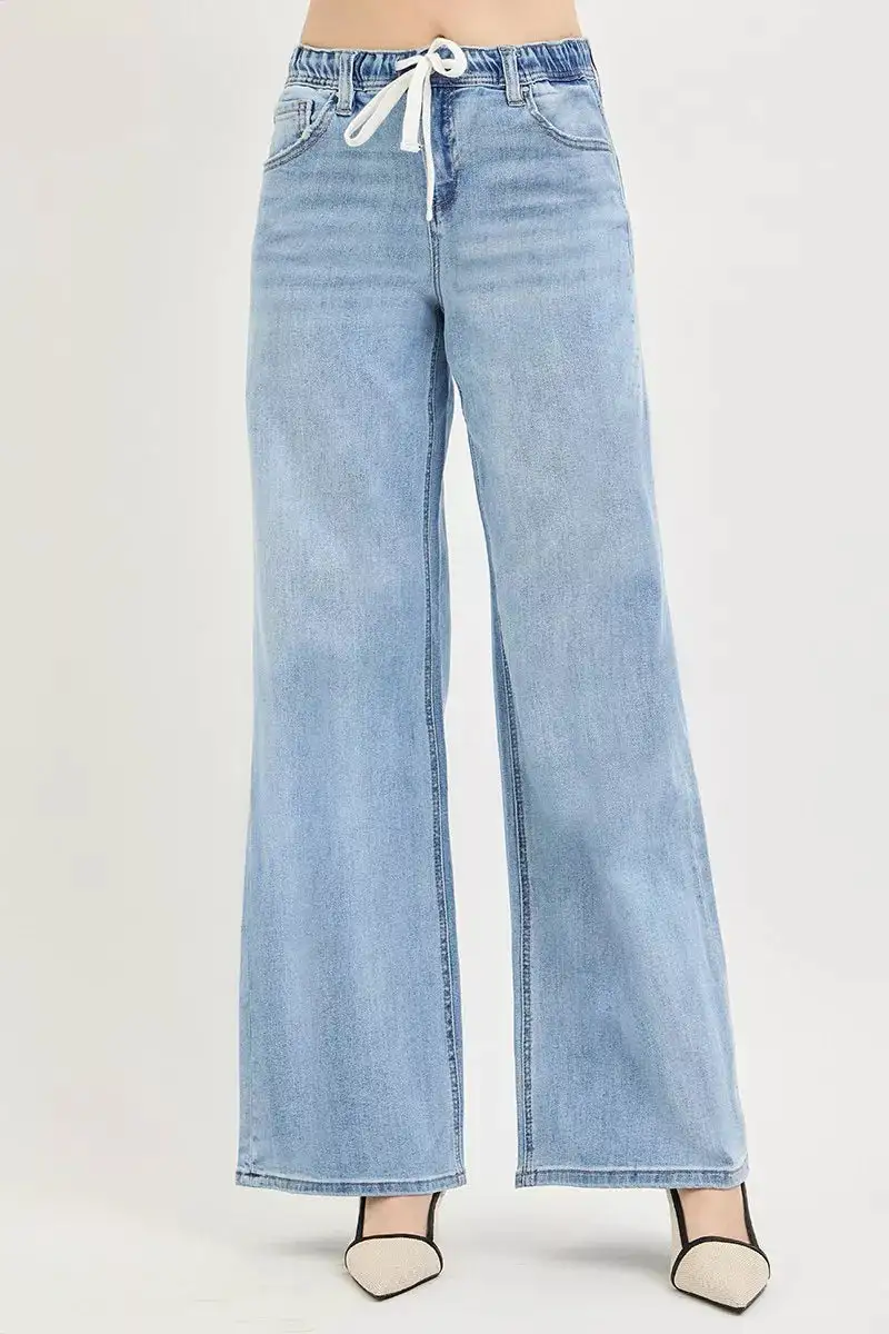 Drawstring Elastic Waist Wide Leg Jeans