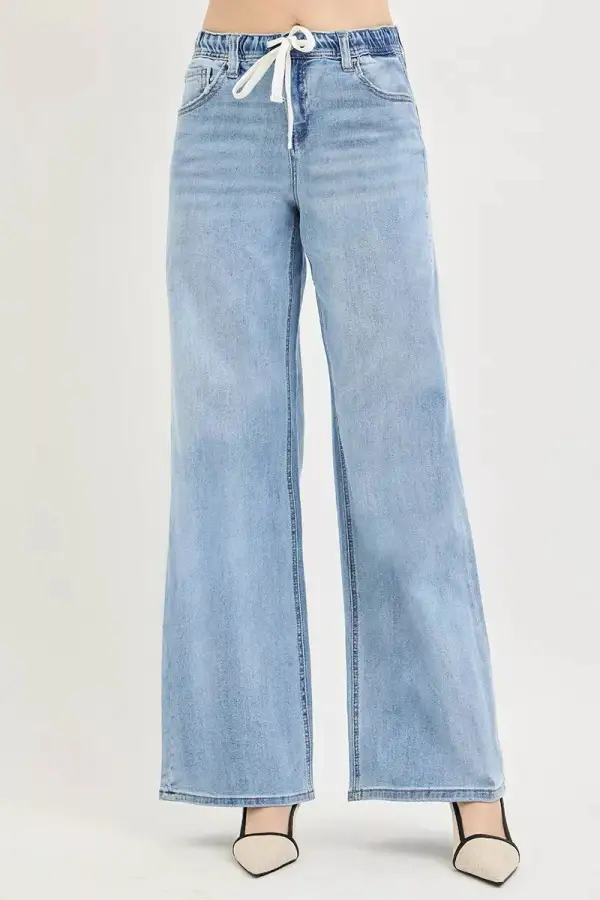 Drawstring Elastic Waist Wide Leg Jeans