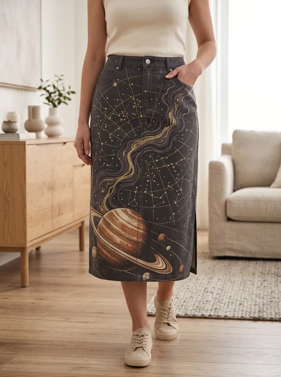 Women's Celestial Print Midi Denim Skirt