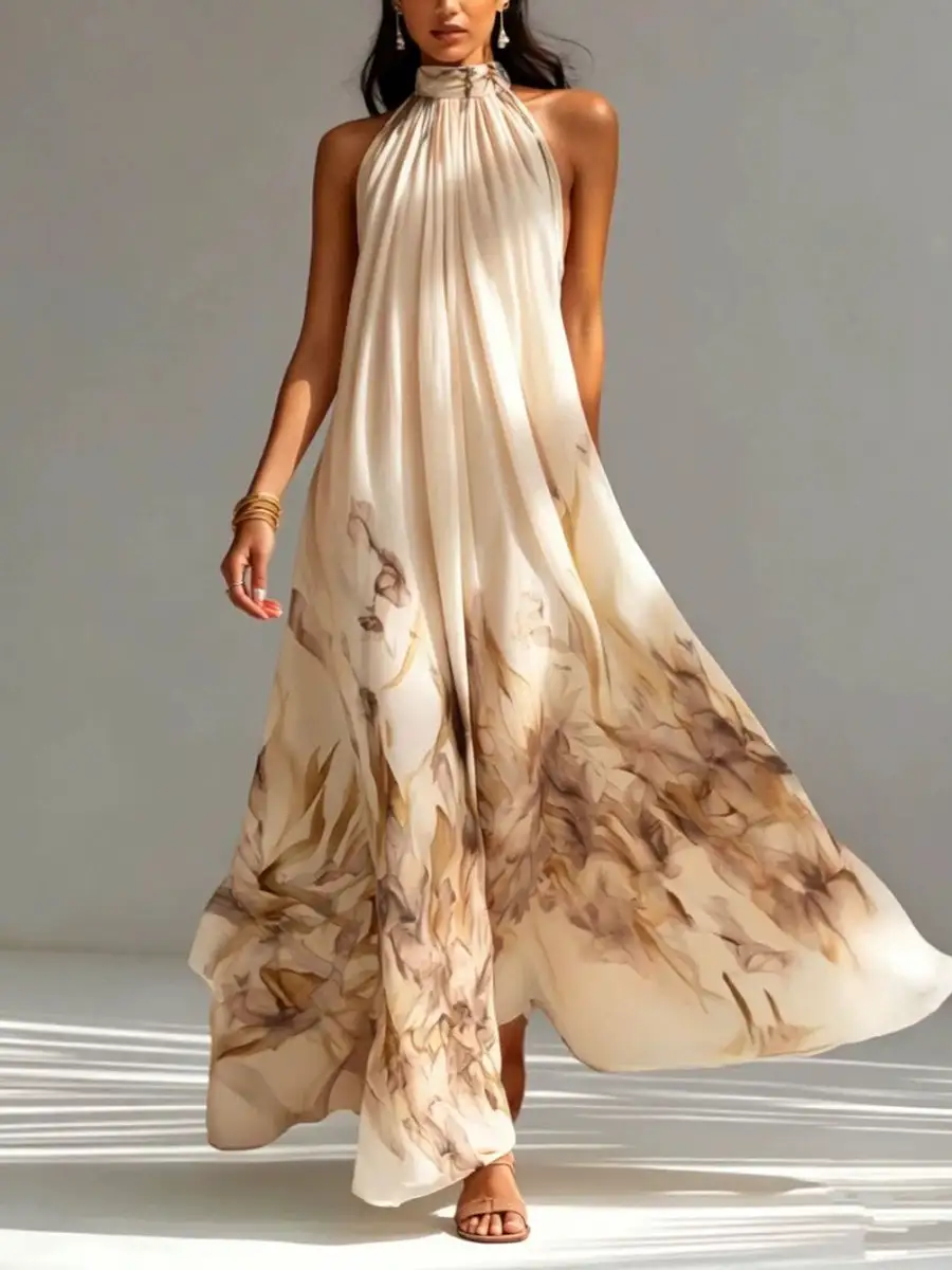 Print Pleated Sleeveless Neck Maxi Dress