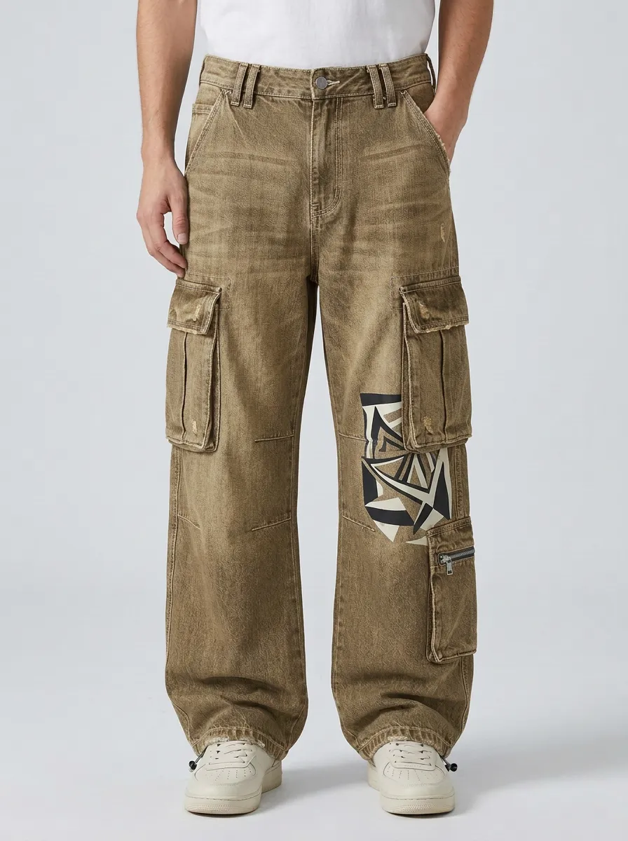 Men's Mid-Blue Geometric Detail Zip-Pocket Wide-Leg Denim Cargo Pants