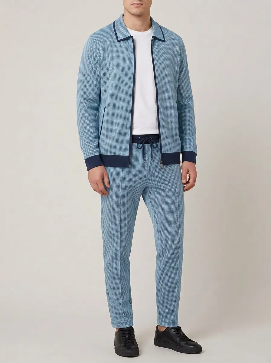 Men's Micro-Grid Polo Collar Jacket and Jogger Pants Set