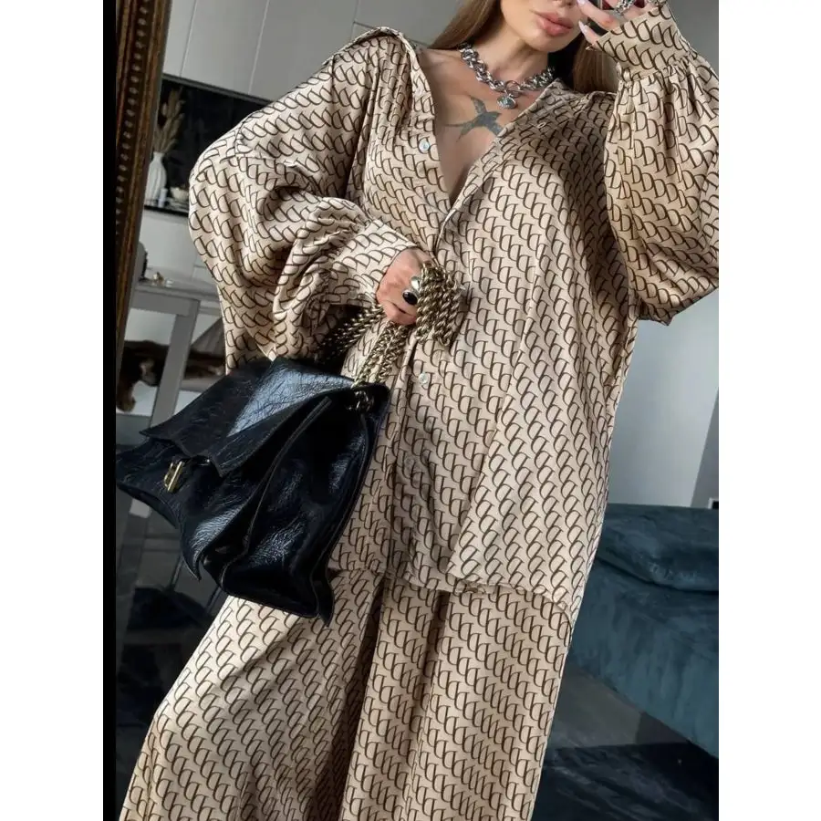 Printed Button Up Shirt and Pants Set