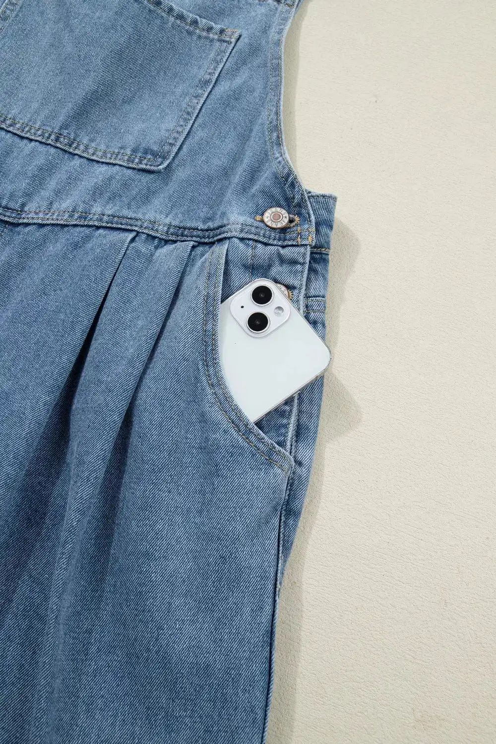 Pleated Wide Leg Retro Pocketed Jumpsuit Denim Pants