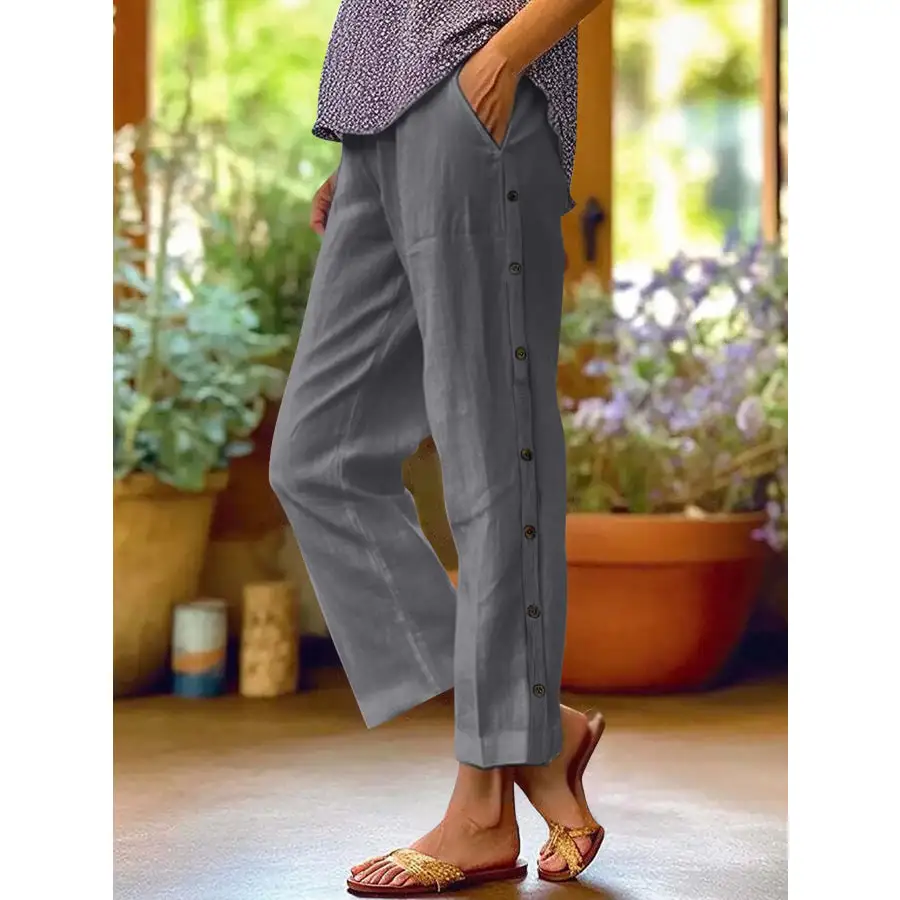 Full Size Side Decor Button Casual Wide Leg Pants Plus Size
