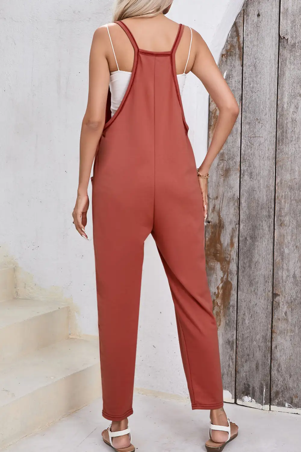 Side Pockets Harem Sleeveless V Neck Pants