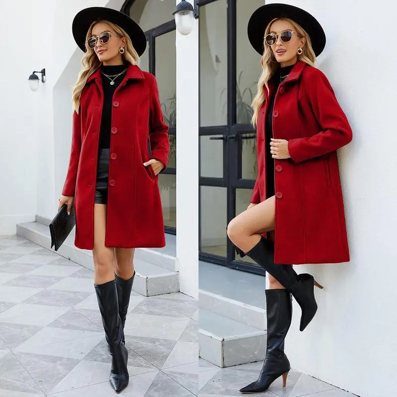 Women‘s Winter Wool Blend Camel Mid-Long Coat