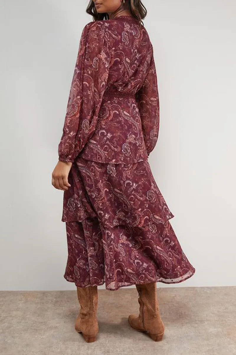 Casual Style V-neck Printed Lace Dress