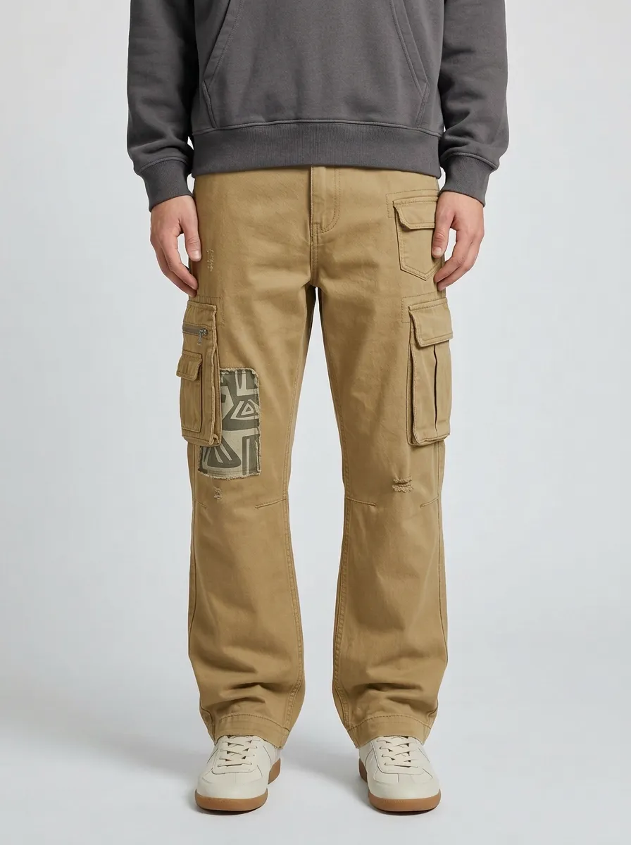 Men's Streetwear Geometric Patchwork Distressed Printed Cargo Jeans