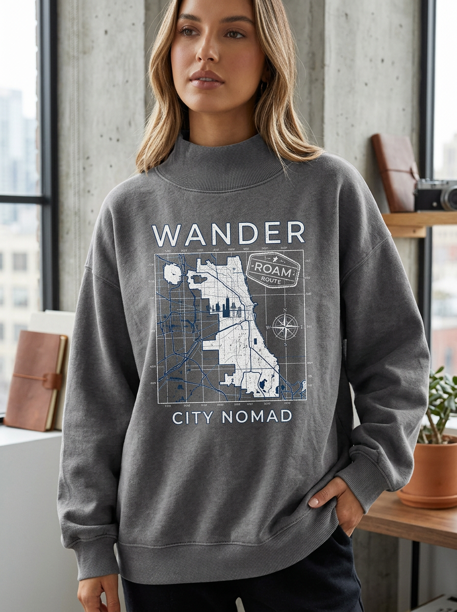 Women's Travel Lover Chicago Map Roam Route Printed Sweatshirt
