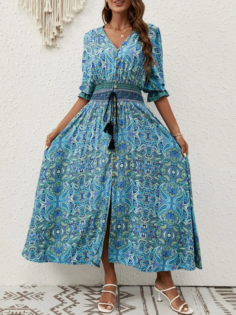 Paisley Half Sleeve Slit Midi Dress