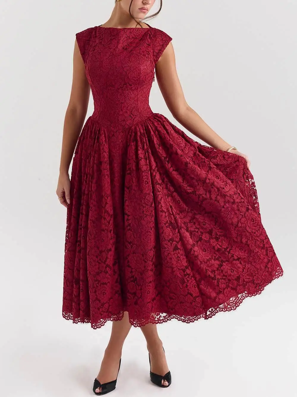 Elegant Lace Open Back Waist Midi Dress