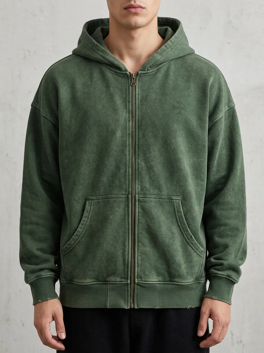 Men's Vintage Green Cross Embroidered Zip Up Hoodie