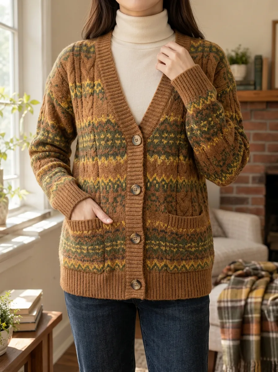 Women's Vintage Aesthetic Fair Isle Pattern Printed Cardigan