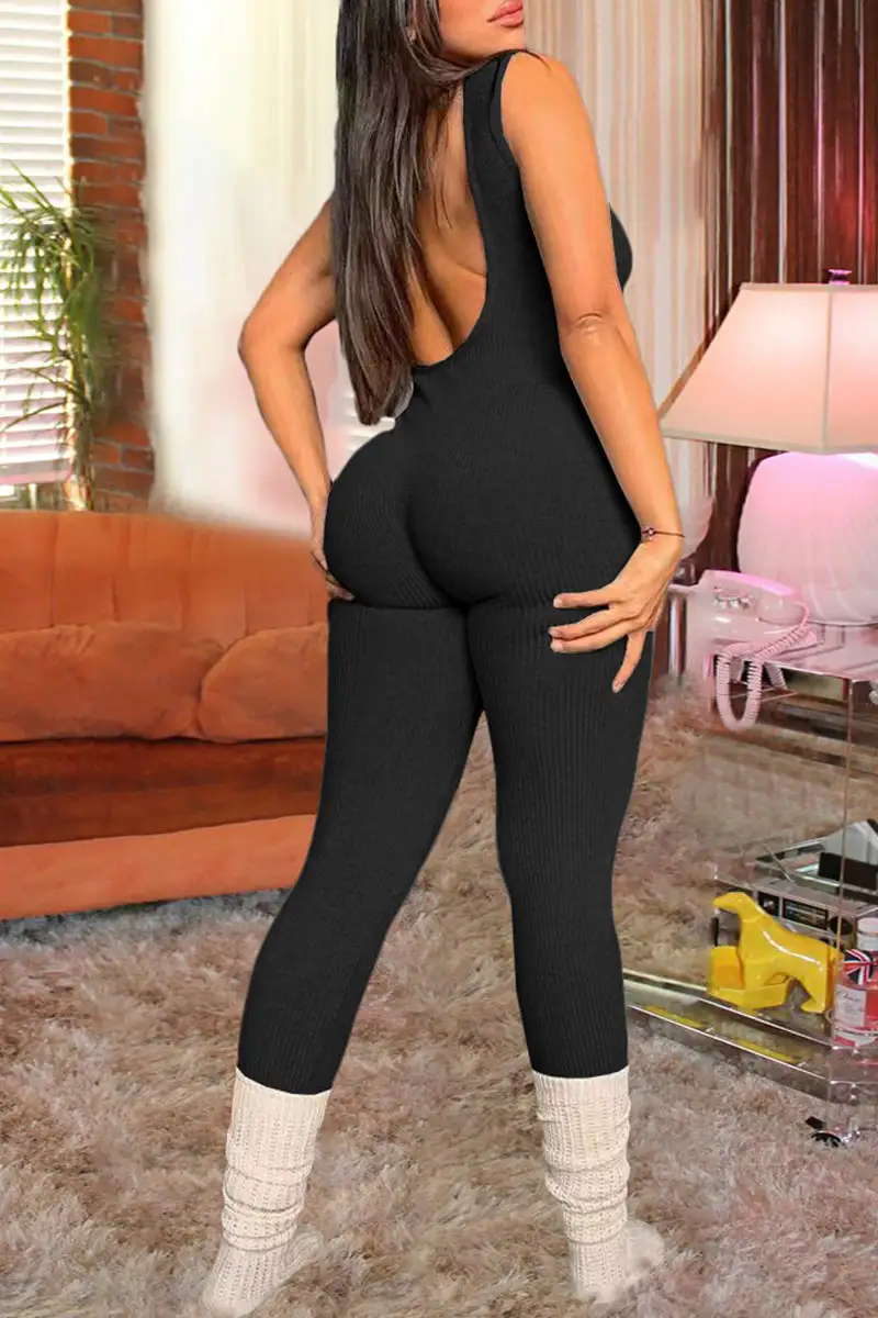 Fashion Casual Solid Backless O Neck Skinny Jumpsuits