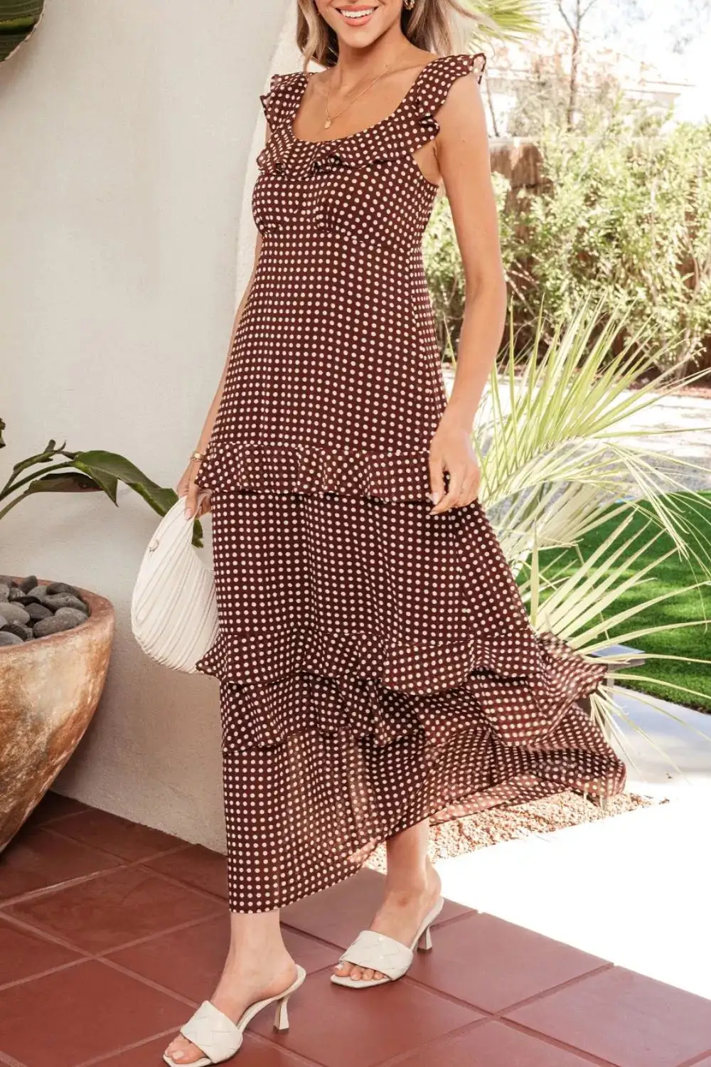 Classic Polka Dot Print Backless Ruffled Tiered Maxi Dress