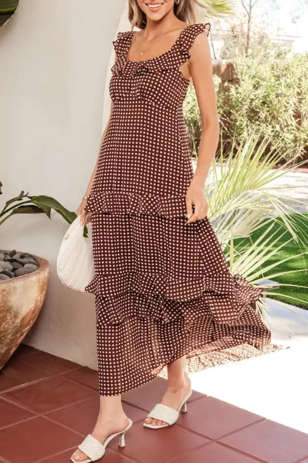 Classic Polka Dot Print Backless Ruffled Tiered Maxi Dress