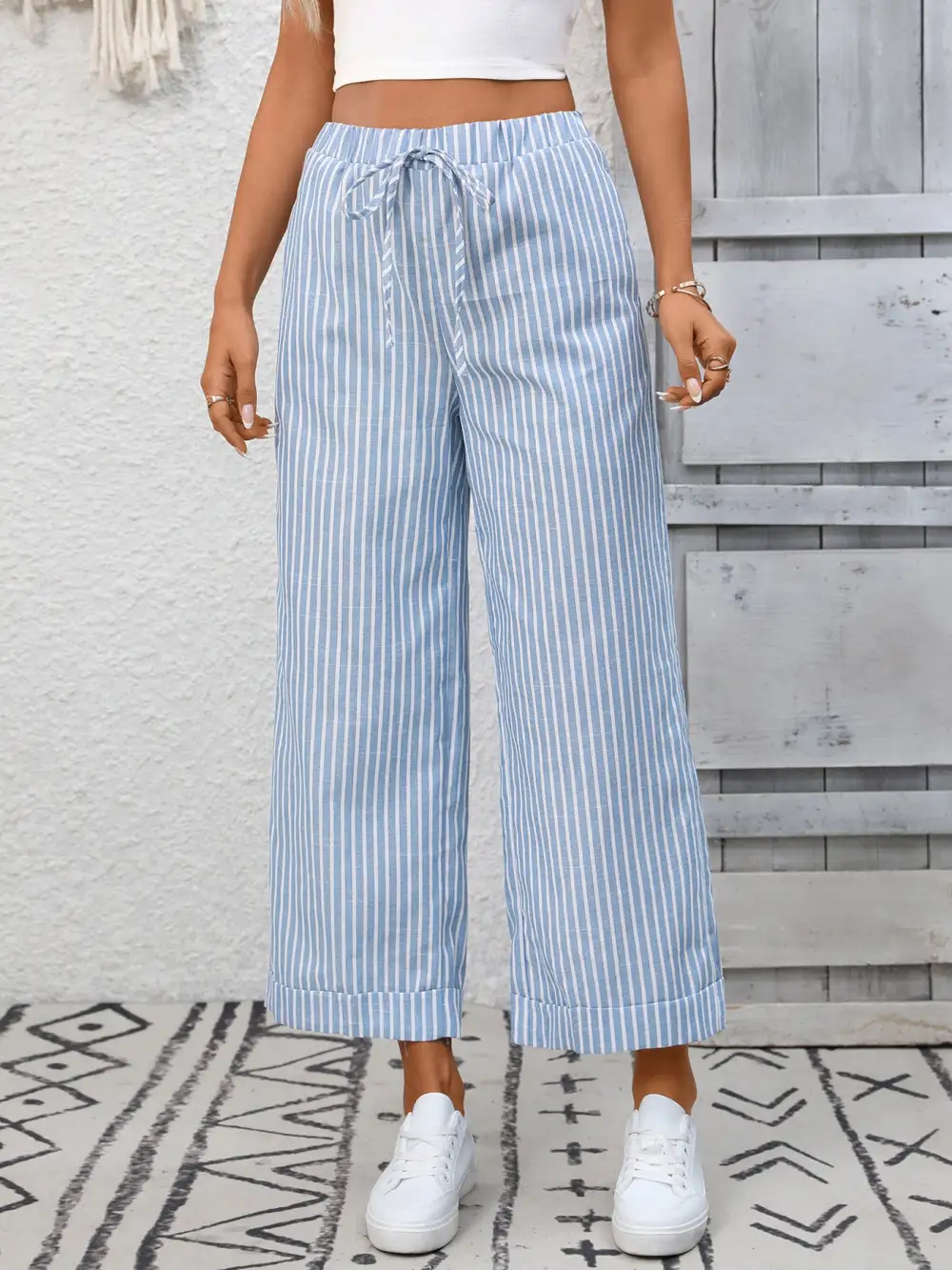 Wide Leg Striped Drawstring Pocketed Pants