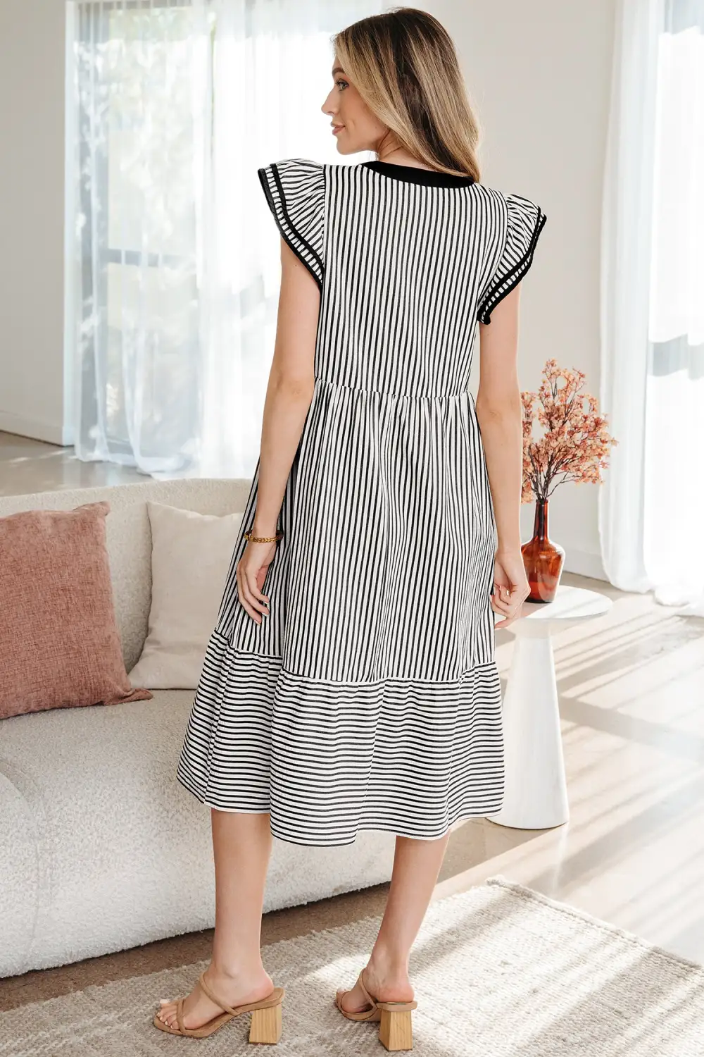 Comfort Fit Striped V Neck Ruffle Midi Dress