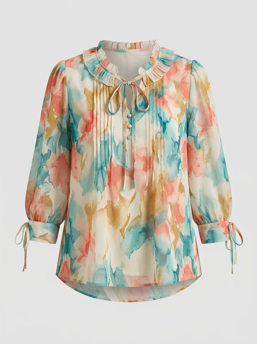 Women's Watercolor Floral Ruffle Tie-Neck Printed Blouse