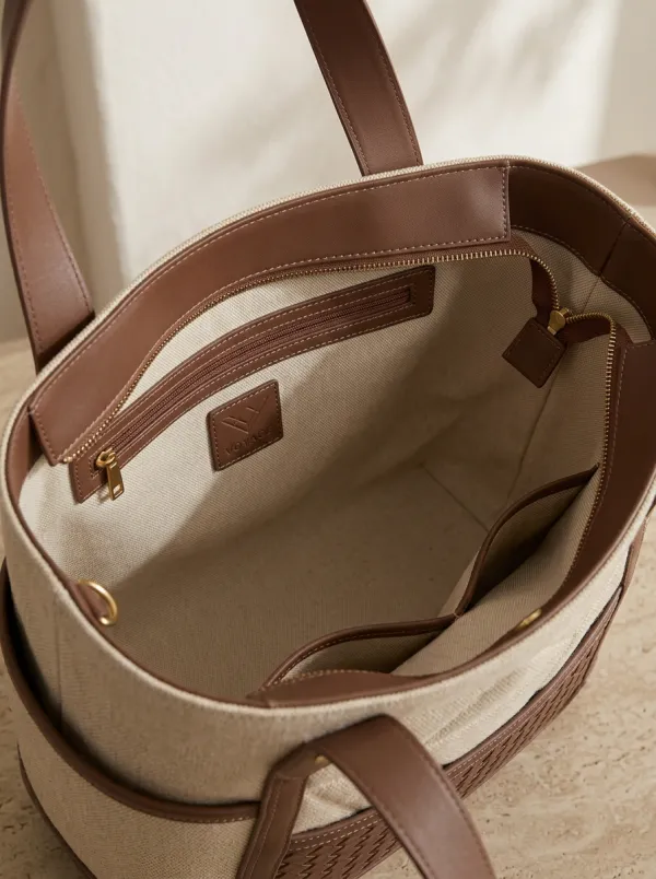 Quilted Woven Leather-Look Trimmed Canvas Tote Bag