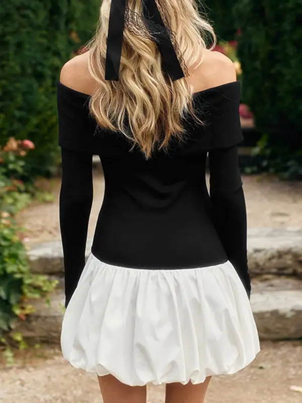 High Waisted Long Sleeve Contrast Color Pleated Split Joint Off The