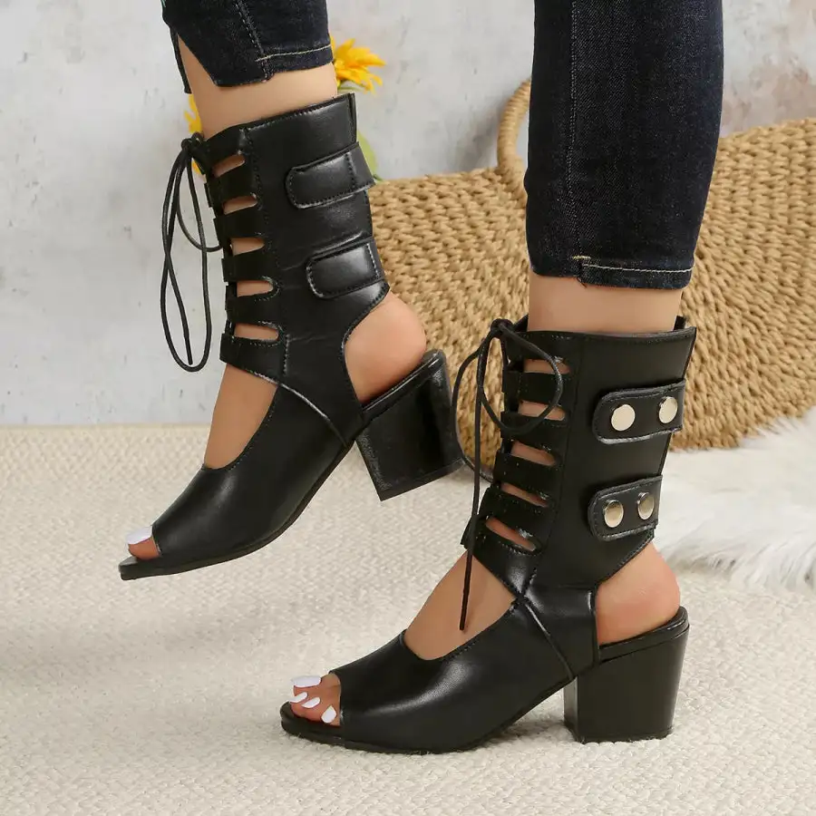 Classic Lace Up Block Heels Sandals