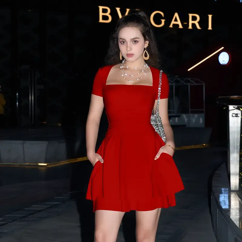 Women's square neck ruffle mini dress