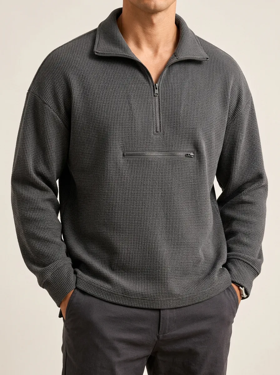 Waffle Knit Pullover with Half-Zip Closure for Minimal-Look Wear