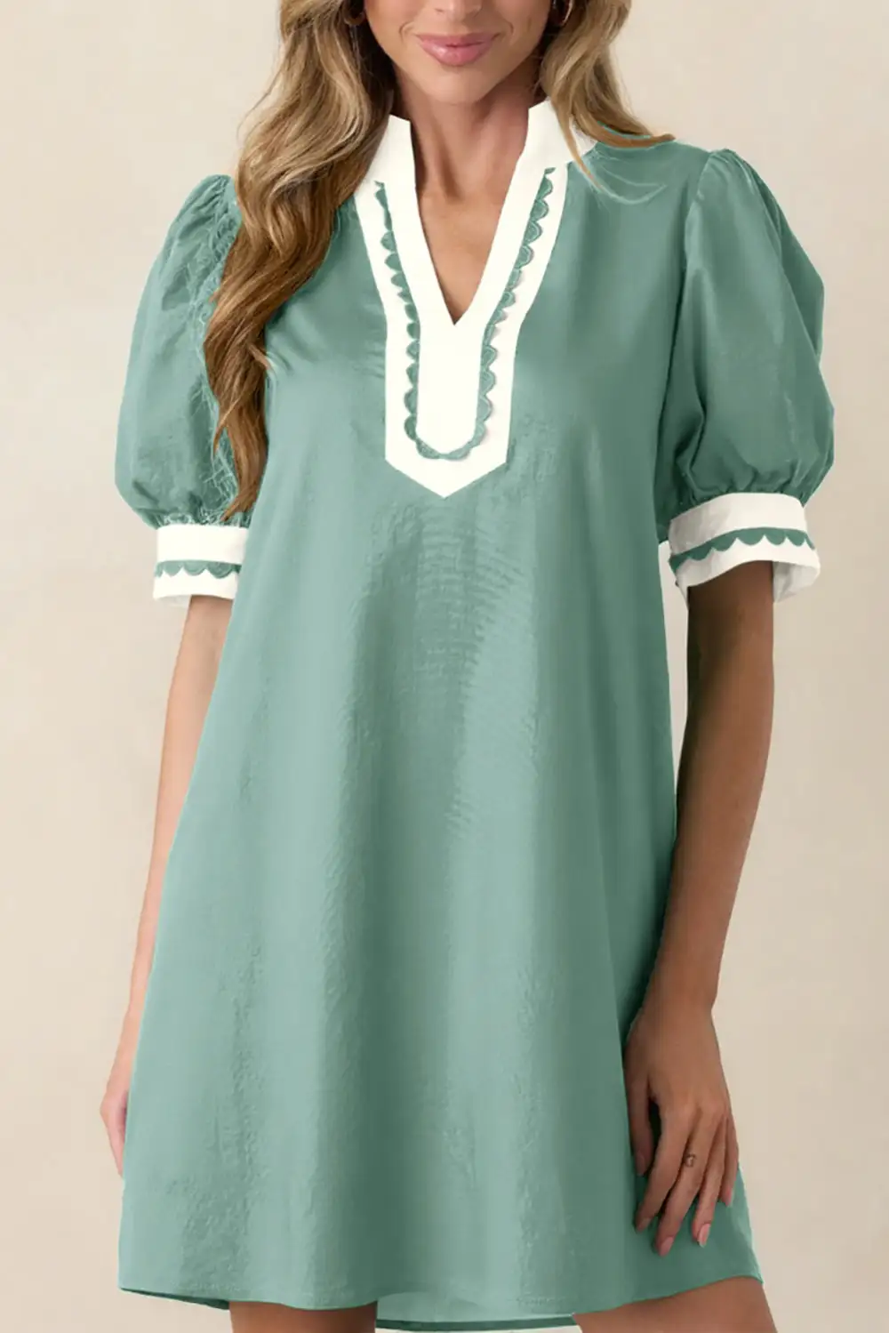 Scallop Trim Puff Sleeve Mini Dress
