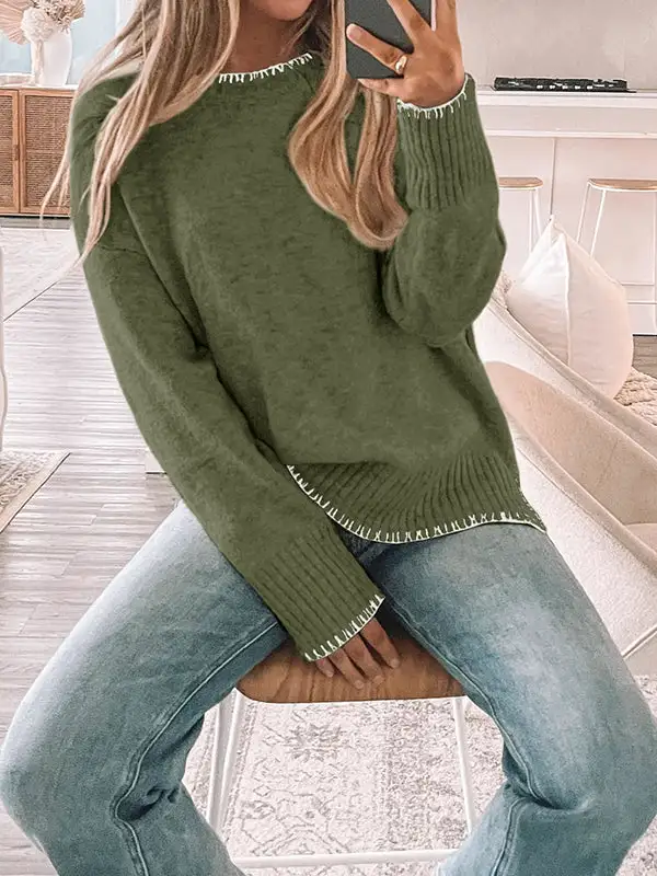 High Low Split Hem Paneled Round Neck Long Sleeve Pullover Sweater