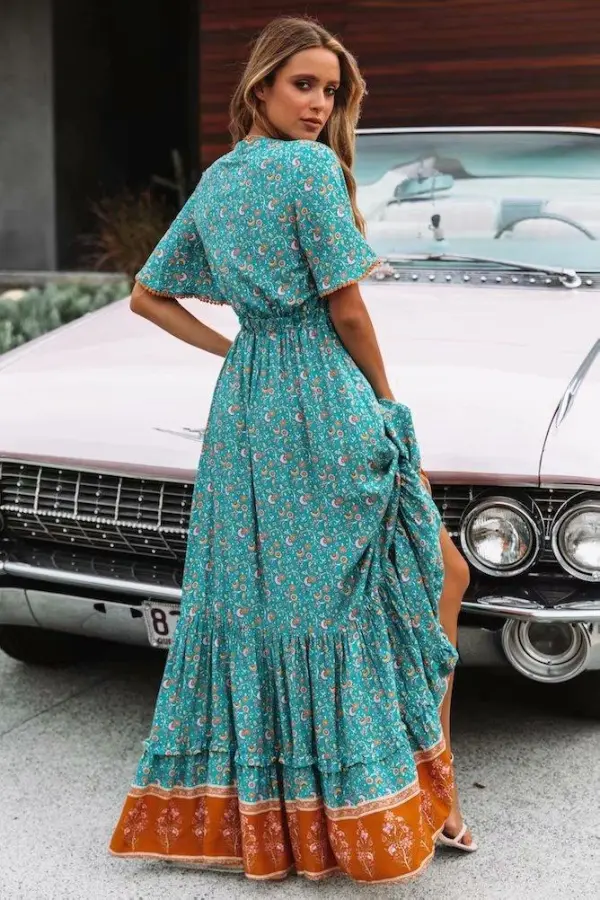 V-Neck Short Sleeve Boho Maxi Dress