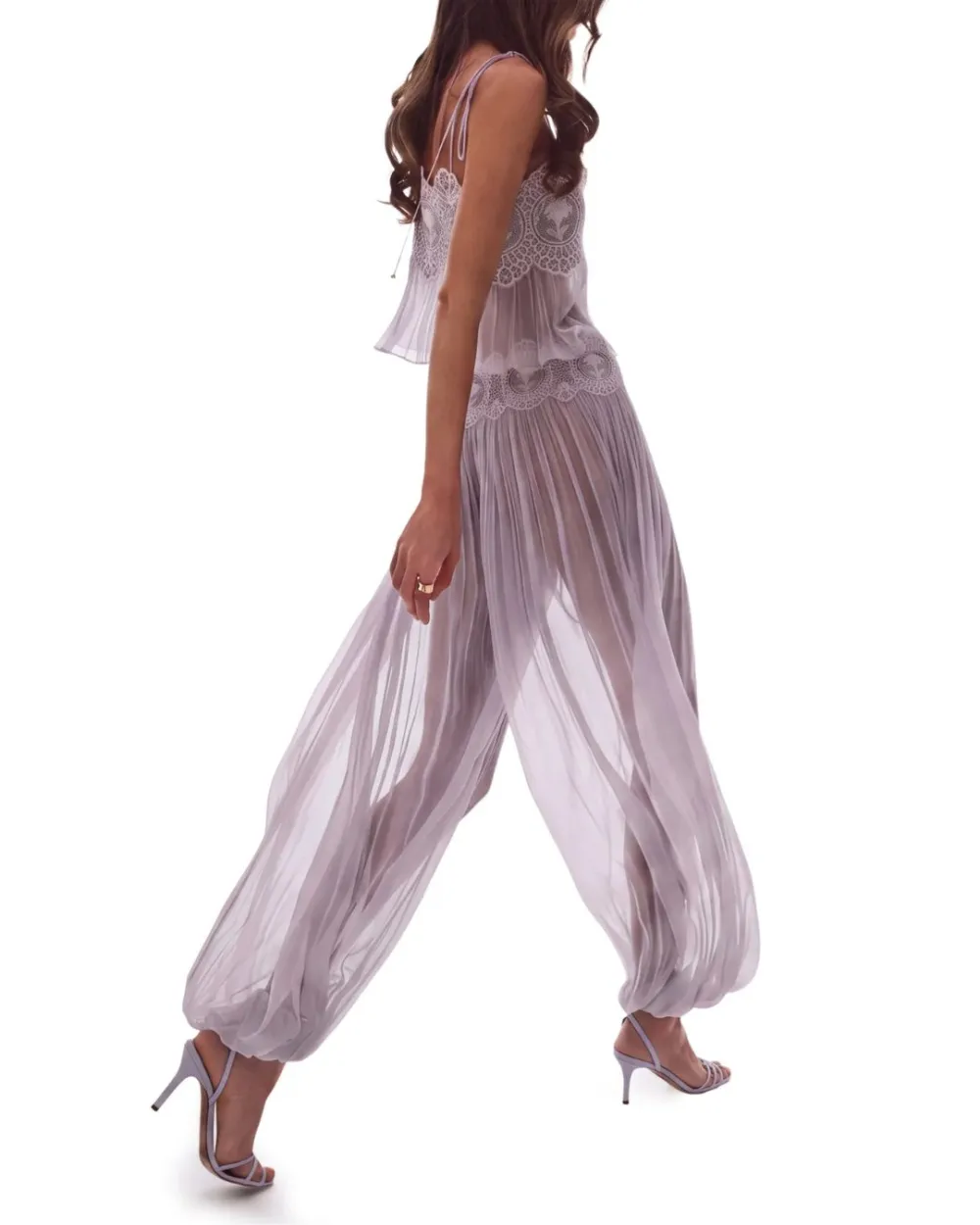 Slim Fit Ruffle Trim Open-Back Chiffon Set
