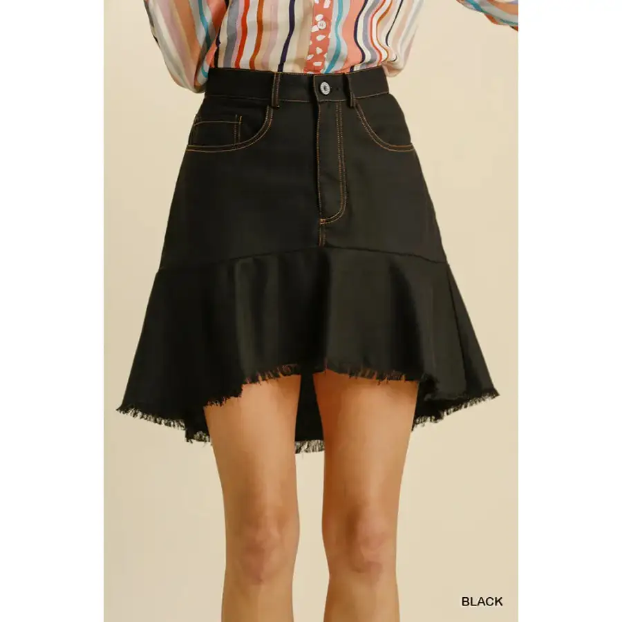 Umgee Linen Blend Pockets High Low Skirt with Frayed Hem