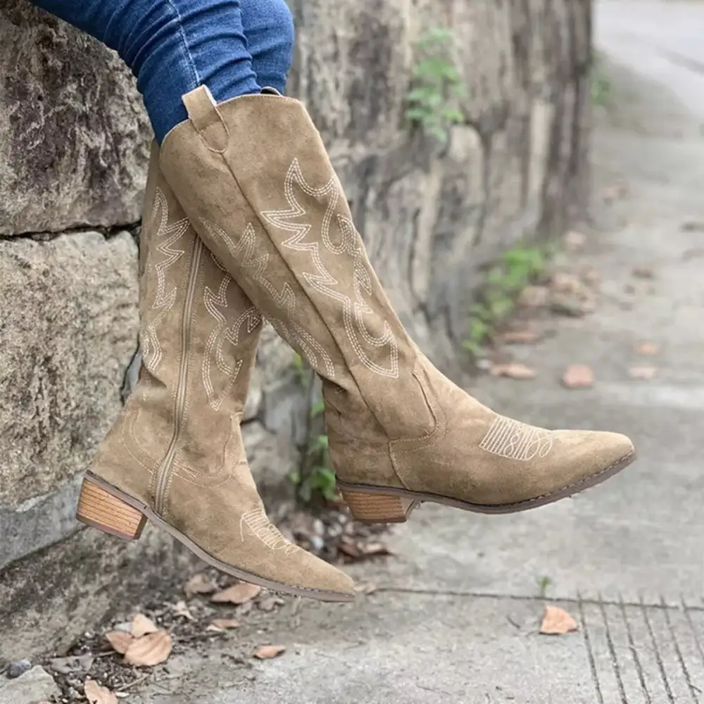 Smocked Point Toe Block Heels Boots