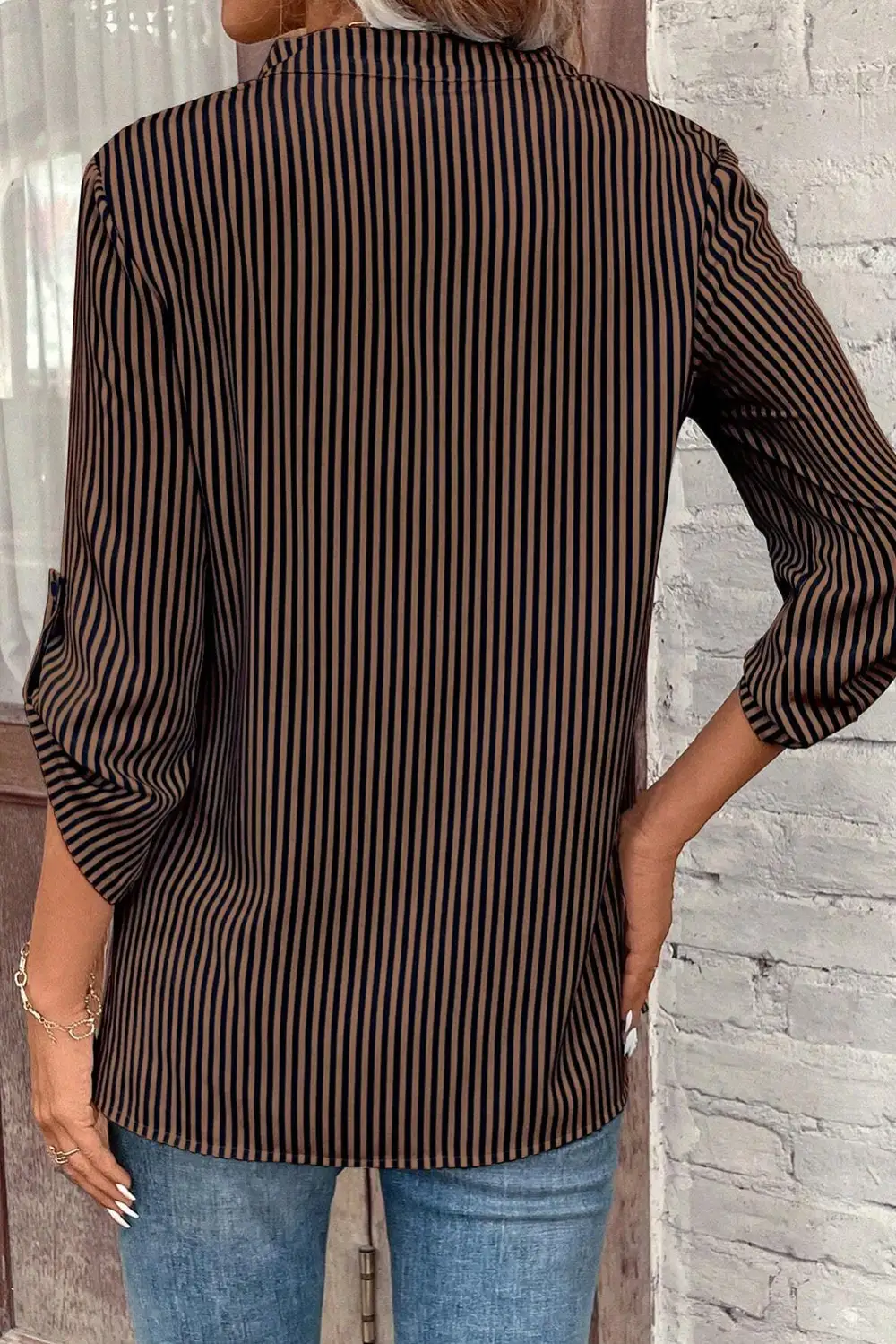 Striped V-Neck Pocketed Polo Shirt