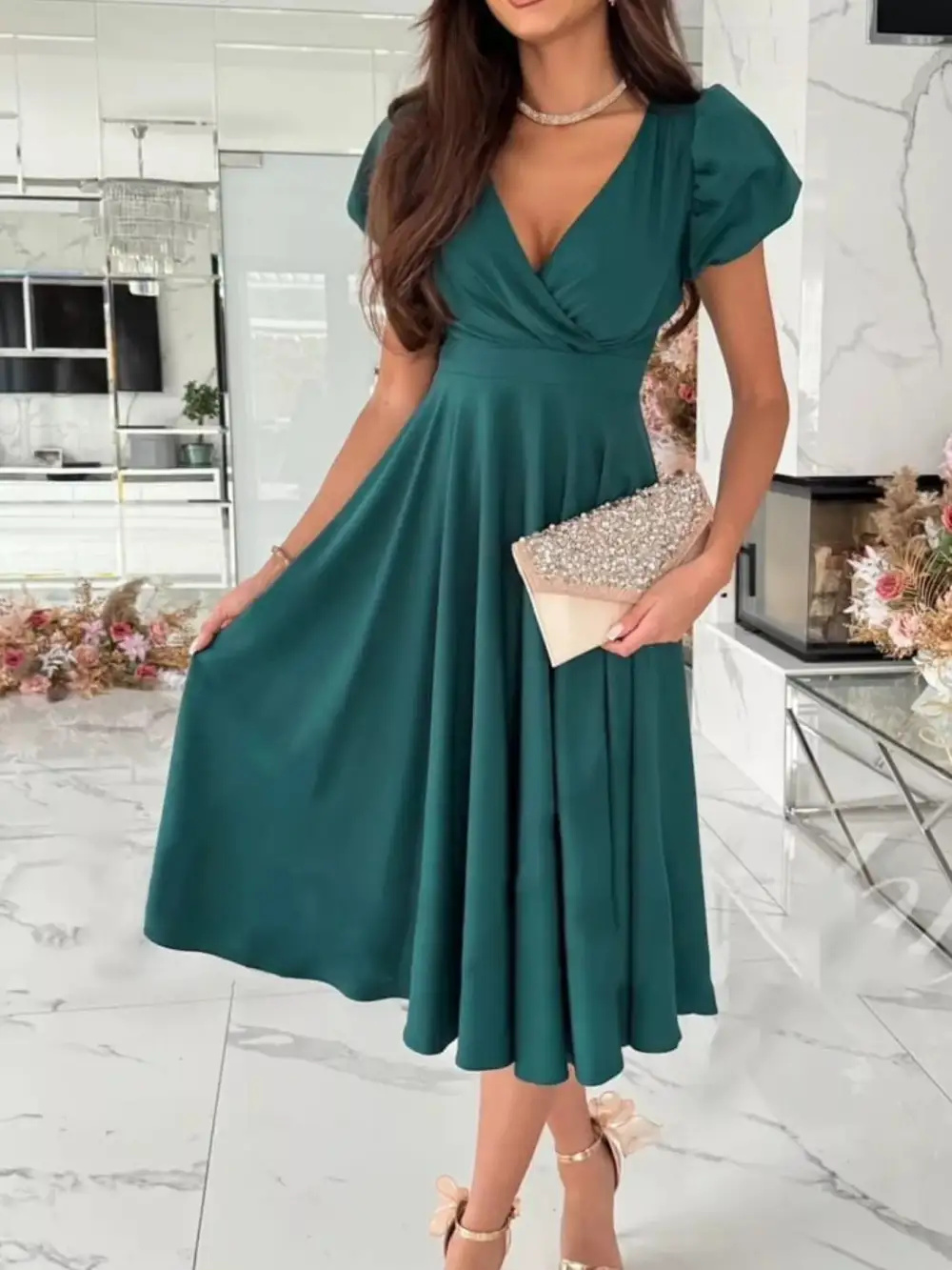 Surplice Puff Sleeve Belted Midi Dress