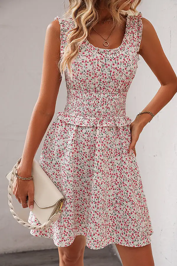 Smocked Waist Floral Print Casual Dress