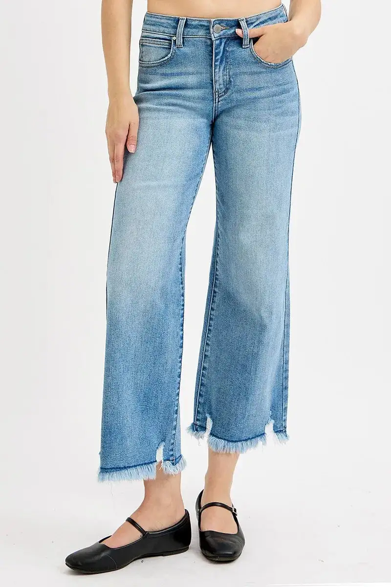 Mid Rise Raw Hem Frayed Hem Wide Leg Jeans