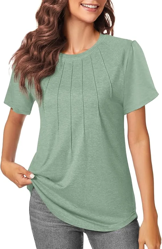 5PACK-Casual Short Puff Sleeve Pleated Shirts Casual Blouses